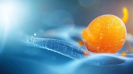 Poster - dynamic orange sphere floating in abstract blue waves digital art modern concept high-tech environme