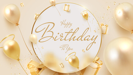 Wall Mural - birthday card background design with circle frame and 3d realistic luxury elements such as gift box,
