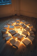 Poster - Illuminated books arranged in a circular pattern on wooden floor