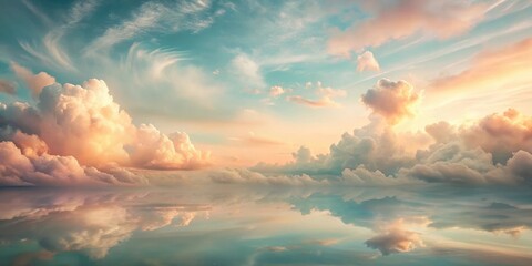 Wall Mural - A Serene Panorama of Clouds Mirrored in a Tranquil Water Surface at Sunset