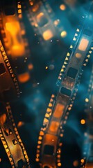 Poster - Abstract film strip background with glowing lights and bokeh effects