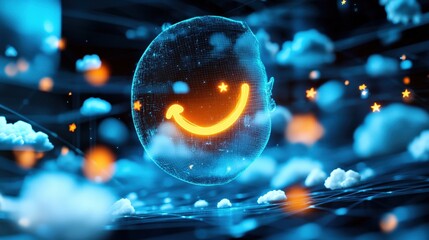 Poster - Digital smiles a vivid journey of joy in a futuristic virtual world with ethereal clouds and cosmic glow