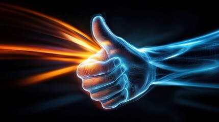 Poster - Dynamic energy flowing through a neon thumb-up gesture abstract digital art dark background futuristic vibe