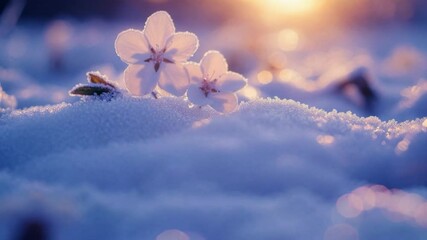 Poster - Delicate white flowers on snow at sunset, serene winter scene. Nature's resilience concept