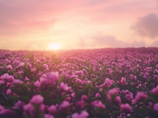 Wall Mural - serene bloomscape, a horizon awash in pink petals under a dreamy sunset