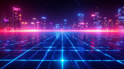 Aufkleber - A sprawling city glows in neon pink and blue hues, reflecting off a glossy surface. Tall skyscrapers rise against a starlit sky, creating a futuristic ambiance filled with energy