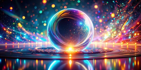Wall Mural - A vibrant, luminous orb rests on a sleek, circular platform, surrounded by a mesmerizing display of colorful lights and shimmering particles.