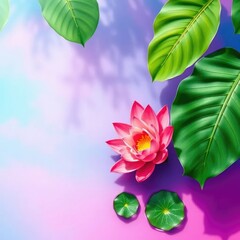 colorful tropical leaves on a serene blue and pink background with water lilies, tropical leaves, gr