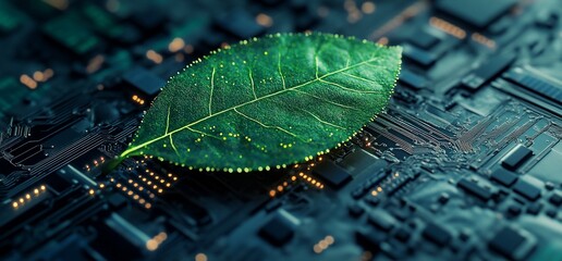 Poster - green leaf resting on intricate circuit board, concept of environmental technology