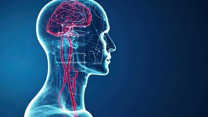Poster - Abstract illustration of a human brain highlighted in a digital, high-tech visualization with neural connections and anatomical structures on a dark background