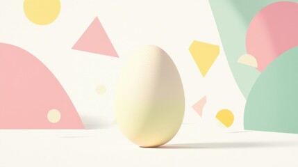 Poster - A white egg stands alone against a vibrant abstract background featuring geometric shapes in pastel colors. The composition evokes a sense of creativity and minimalism.