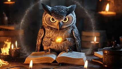 Poster - enigmatic owl holding glowing orb surrounded by mystical books and flickering candles in dimly lit s