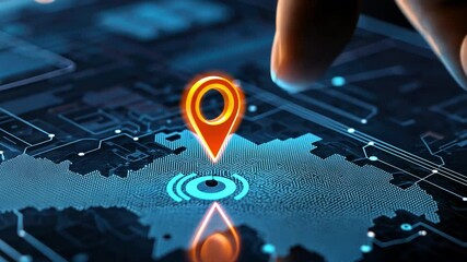 Poster - High-Tech Digital Map with Location Pin Symbolizing Data Connectivity and Modern Navigation Techniques in Urban Environment