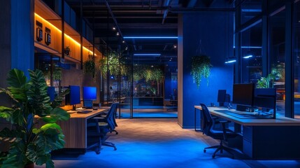 Poster - A serene workspace features sleek desks, vibrant blue lighting, and lush indoor plants. This harmonious blend of nature and technology creates an inspiring atmosphere for productivity late in the day