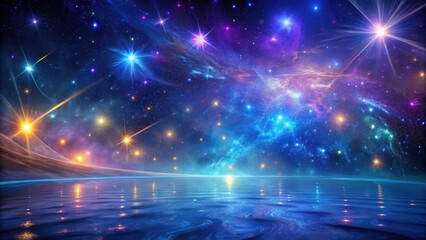 Wall Mural - Celestial Waterscape A Serene Night Sky Reflecting on a Calm, Dark Blue Ocean with Vibrant Stars and Nebulae