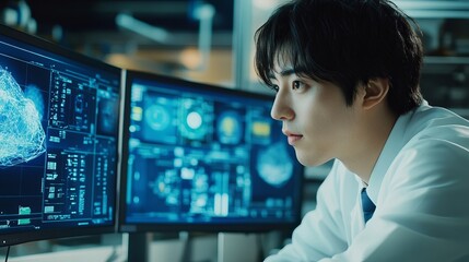 Poster - Focused Young Scientist Analyzing Complex Data on Multiple Computer Screens Futuristic Technology Research Laboratory Modern Workplace Digital        