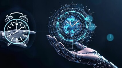 Poster - Futuristic Robotic Hand Holding a Digital Clock Interface Illuminated Against a Dark Background with Glowing Circles and Abstract Elements