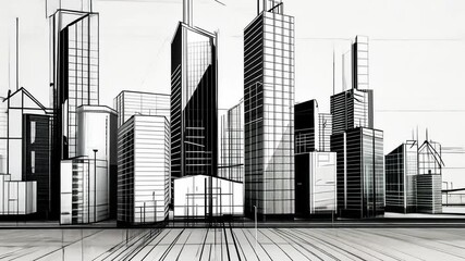 Aufkleber - Minimalistic architectural illustration of modern city skyline with geometric shapes and lines in monochrome style emphasizing urban development and design
