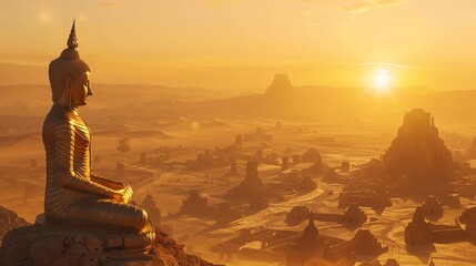 Wall Mural - A golden Buddha statue sits on a hilltop overlooking a city at sunset.