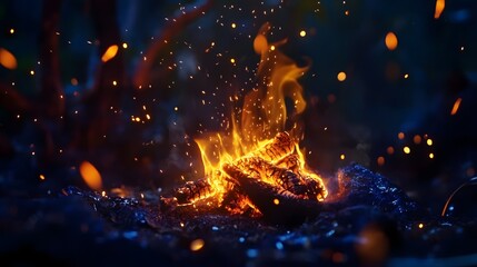 Poster - Mesmerizing Flames of a Captivating Bonfire Illuminating the Serene Outdoor Wilderness at Night  Glowing Embers and Crackling Logs Create a Warm and Cozy Atmosphere in the Natural Landscape