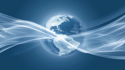 Poster - This artwork illustrates the concept of global connectivity, featuring a glowing world map surrounded by streams of light. The design emphasizes the interconnectedness of regions in the digital age.