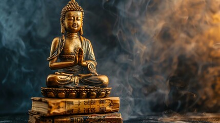 Wall Mural - A golden Buddha statue sits in meditation on a stack of books, with smoke in the background.