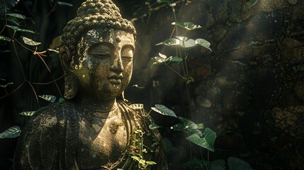 Poster - A serene statue of Buddha surrounded by greenery and sunlight.