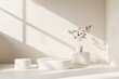 © malayeka - Minimalist white podiums with dried plant in sunlight.
