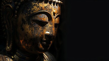 Wall Mural - A close-up of a golden Buddha statue with a dark background.