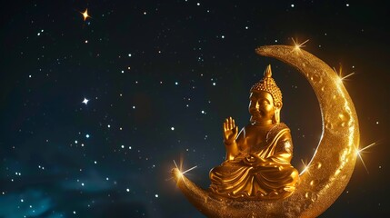 Wall Mural - A golden Buddha statue sits on a crescent moon in front of a starry night sky.
