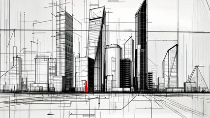Poster - Architectural Blueprint of Modern Skyscrapers with Detailed Technical Drawings and Urban Designs Representing Future City Concept in Black and White