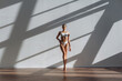 © standret - Shadow of the windows, sunlight, standing. Beautiful young woman with slim body type is indoors