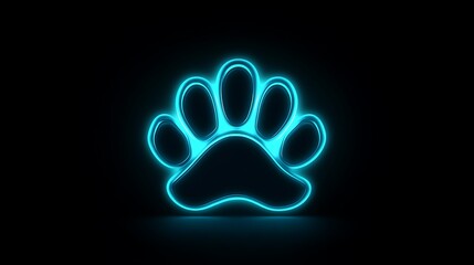 Fototapete - Dynamic neon paw print icon in bright cyan and white with subtle glow on black gradient background

