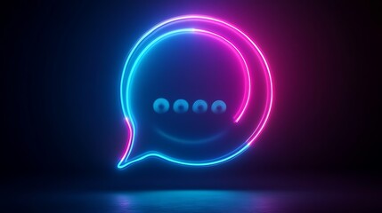 Fototapete - Glowing neon chat bubble icon in vibrant blue with soft pink accents on black background
