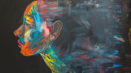 Poster - A colorful abstract drawing of a woman's face on a blackboard.
