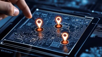 Poster - Hand Interacting with Digital Circuit Board Interface and Location Markers on Futuristic Technology Display for Geolocation and Mapping Solutions