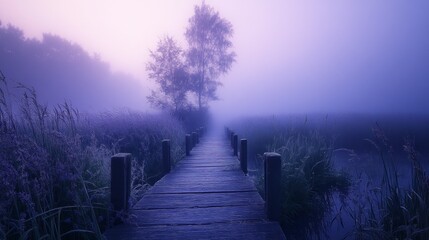 Poster - A wooden pier extends softly into a tranquil lake at dawn, enveloped in a mystical fog. Silhouettes of trees and wildflowers add to the serene beauty of the landscape