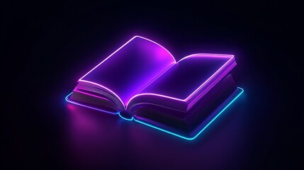 Fototapete - High-contrast neon book icon in bright purple with cyan accents glowing on dark background

