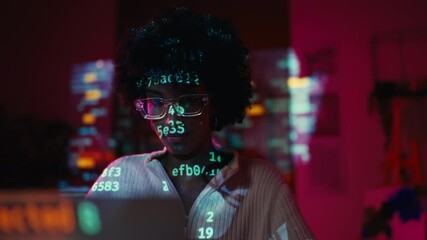 African American woman typing programming code, futuristic hacking, cyberspace