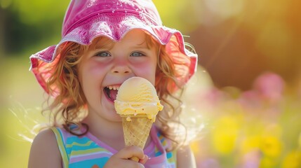 Poster - A happy young girl in a pink sunhat enjoys an ice cream cone outdoors.