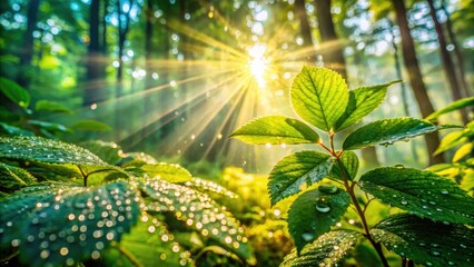 Wall Mural - Sunbeams pierce a dew-kissed forest, illuminating vibrant leaves in intimate macro detail.