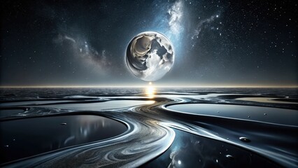 Wall Mural - A Serene Celestial Sphere Hovers Over a Tranquil, Dark, Watery Landscape at Sunset Under a Starry Night Sky