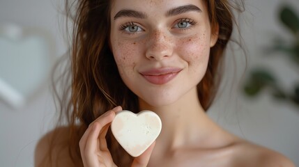 Wall Mural - Woman smiling and holding a heart shaped bar of soap.