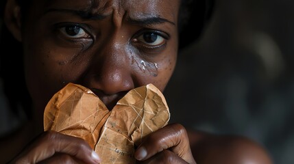 Poster - A woman is crying and holding a heart-shaped object to her mouth.
