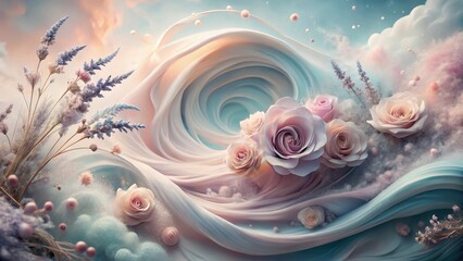 Wall Mural - Whimsical Pastel Roses and Dried Flowers Swirling in a Dreamlike Fabric Wave
