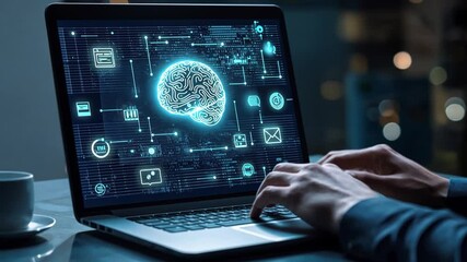 Poster - Modern Technology Concept Showing Hands on Laptop with Brain Illustration and Digital Network Symbols at Night in Urban Environment
