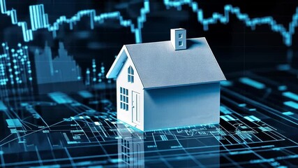 Poster - Digital House Model on Financial Chart Background Representing Real Estate Market Trends and Property Investment Opportunities in a Modern Environment