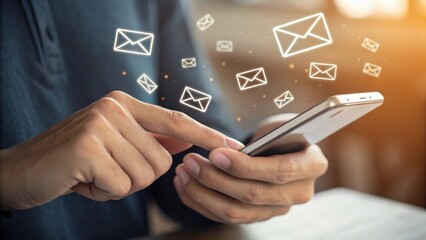 Poster - A person using a smartphone, with animated email icons appearing above, suggesting communication and messaging.
