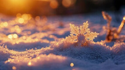 Poster - Delicate snowflake on frosty ground in warm sunrise glow. Winter beauty concept