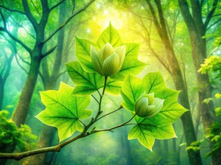 Wall Mural - Double exposure: Lush green tulip poplar leaves overlay a vibrant forest scene.